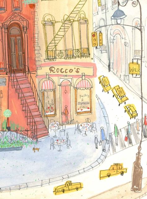 Brownstone New York, Paper Border, Bleecker Street, New York Print, Taxi Cab, City Print, Greenwich Village, New York Art, New York New York