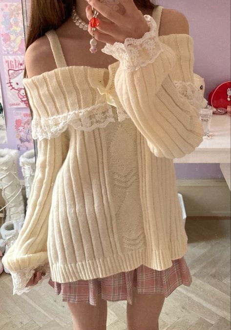 Aesthetic Pink And White, Outfit Inspo Korean, Pink And White Outfit, Cold Shoulder Lace, White Outfit, Aesthetic Pink, Cold Shoulder, Lace Trim, Knitted Fabric