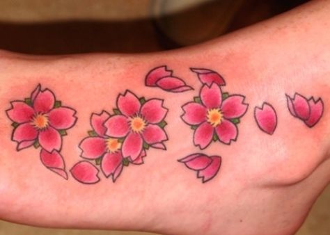 Japanese Flower Tattoos, Exotic Flower Tattoos, Petals Tattoo, Side Foot Tattoos, Tattoo Cherry, Japanese Flower Tattoo, Circle Tattoos, Floral Tattoos, Foot Tattoos For Women