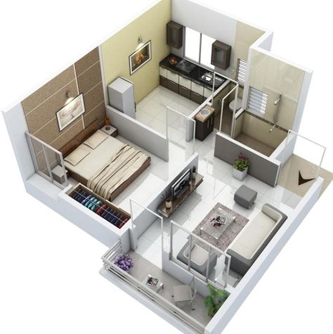 1bhk Flat Interior Design, 1bhk Apartment, Flat Plan, Sweet Room, Flat Interior Design, 3d Floor Plan, 3d House Plans, House Floor Design, 3d House