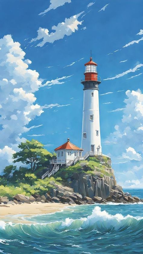 자작나무 그림, Lighthouse Painting, Lighthouse Pictures, Lighthouse Art, Landscape Art Painting, Art Gallery Wallpaper, Watch Tower, Beautiful Landscape Wallpaper, Digital Art Illustration