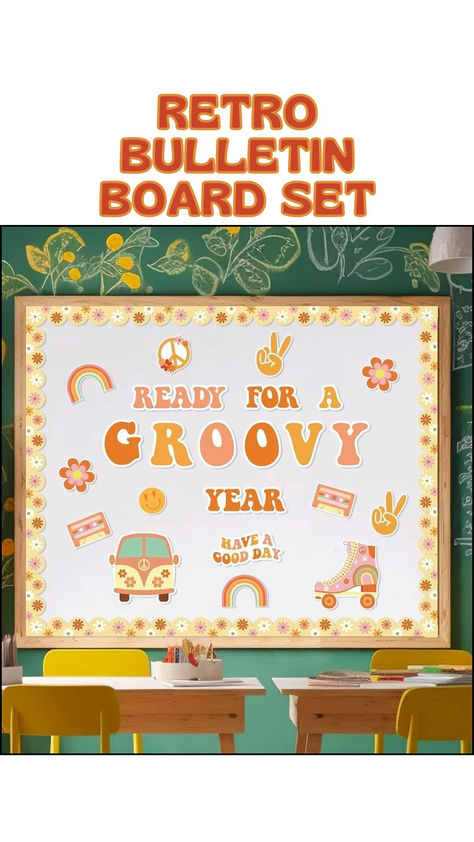 Bulletin Board Kit Retro Boho Ready for A Groovy Year Hippie Decoration Set Smile Face Have A Good Day Cutouts Daisy Groovy Back to School Wall Decor for Classroom School Office 48PCS Groovy Theme Bulletin Boards, 60s Bulletin Board Ideas, Retro Theme Bulletin Board, Retro Bulliten Board, Wall Decor For Classroom, Groovy Work Bulletin Board, Decor For Classroom, Bulletin Board Sets, Class Theme