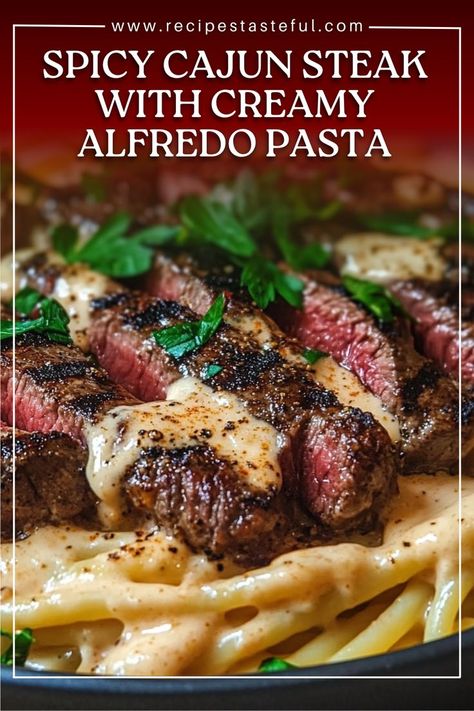 Indulge in this rich and flavorful Spicy Cajun Steak served over creamy Alfredo pasta. The perfectly seared steak is seasoned with zesty Cajun spices, creating a deliciously spicy contrast to the creamy, cheesy pasta. This dish is sure to impress at your next family dinner or special occasion! Family Steak Dinner, Spicy Cajun Steak With Creamy Alfredo, One Pot Steak Meals, Spicy Cajun Steak Alfredo Pasta, Creamy Cajun Steak Pasta, Spicy Alfredo Pasta Recipes, Cajun Pasta Dishes, Cajun Beef Pasta, Pasta Recipes Steak