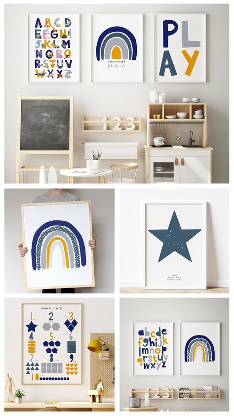 Nursery prints framed Mustard Yellow And Navy Bedroom, Mustard And Blue Nursery, Mustard Yellow Playroom, Nursery Ideas Mustard, Blue And Yellow Playroom, Navy And Mustard Nursery, Navy Playroom, Mustard Yellow Nursery, Roman Bedroom