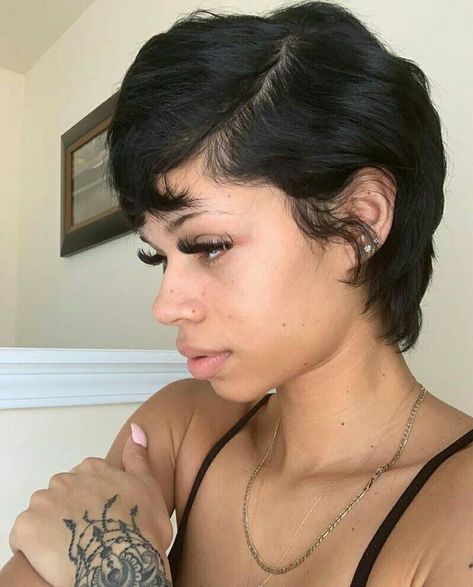 Pixie Silk Press Natural Hair, Flat Iron Pixie Hair, Pixie Cut Round Face Black Women, Fluffy Pixie Cut Black Women, Easy Baddie Hairstyles, Baddie Hairstyles For Short Hair, Short Relaxed Hair, Short Hair Styles Black Women, Pixie Cut Black Women