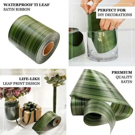 Waterproof Green Ti Leaf X 50 yards Faux Poly - Temu Bouquet Ribbon Wrap, Leaf Ideas, Satin Bouquet, Ti Leaf, Bouquet Ribbon, Diy Bouquet Wrap, Floral Diy, Ribbon Roll, Red Theme