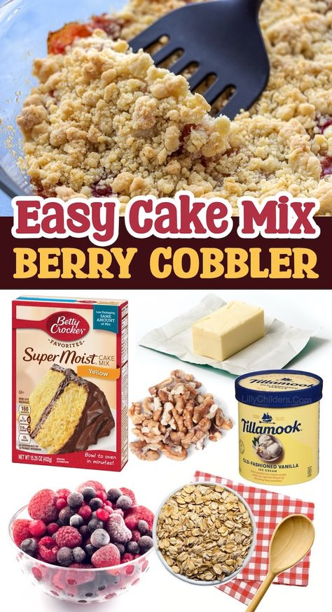 Easy Triple Berry Cobbler Made With Frozen Fruit & Cake Mix! Berry Cobbler Cake Mix Frozen Fruit, Triple Berry Cobbler With Frozen Berries, Dump Cake With Frozen Fruit, Frozen Fruit Recipes Desserts, Berry Cobbler With Cake Mix Easy, Berry Cobbler Recipes Frozen Fruit, Frozen Fruit Cake, Triple Berry Cobbler, Quick Yummy Desserts