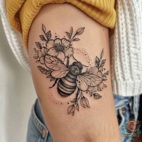 Un-BEE-lievable Beauty: Exploring the Fascinating World of Bee Tattoos: 92 Designs - inktat2.com Front Thigh Tattoo Women, Bee And Honeycomb Tattoo, Floral Bee Tattoo, Womens Forearm Tattoo, Bee And Flower Tattoo, Queen Bee Tattoo, Bee Tattoos, Honey Bee Tattoo, Honeycomb Tattoo