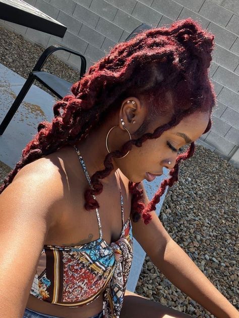 Deep Red Locs Black Women, Burgundy Red Locs Black Women, Black Cherry Locs, Maroon Dreadlocks Black Women, Red Ombré Locs, Copper Red Locs Black Women, Coloured Locs Black Women, Burgundy Hair Locs, Dark Red Faux Locs