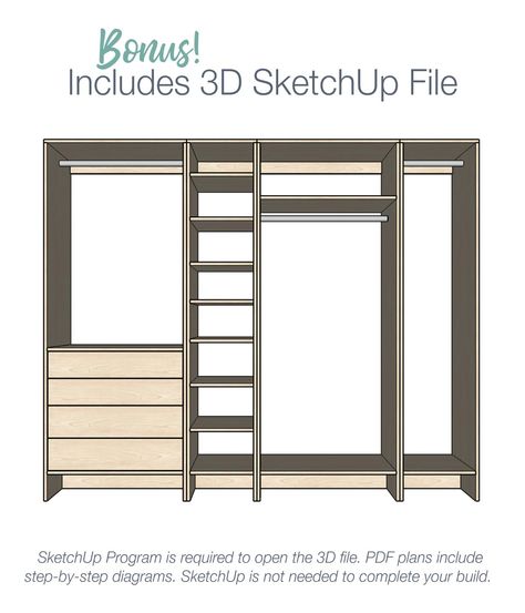 Printable PDF woodworking plans for you to build a custom closet system. Add tons of storage to even the smallest closet with this closet system. Four closet cabinets attach together with drawers, shelves and closet rods to maximize space. The complete closet is 8' long, but is easily customized to your own closet. Plans include instructions for making it larger or smaller. Premium PDF Plans include: Recommended Tools Shopping list Easy to read cut list table Plywood cut diagrams Step-by-step in Closet Remodel Diy, Diy Closet Ideas, Rustic Closet, Diy Custom Closet, Wood Closet Systems, Bedroom Remodeling, Closet Storage Systems, Modular Closets, Closet Planning