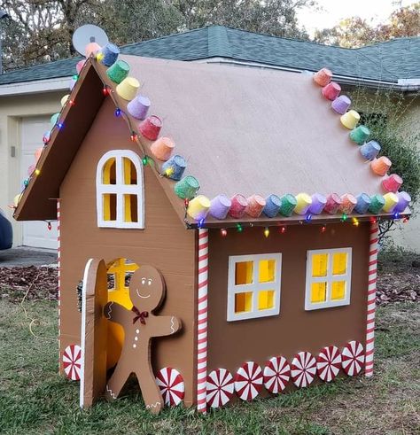 Gingerbread House Kids Playhouse, Diy Gingerbread House Photo Backdrop, Ginger Bread House Parade Float, Diy Cardboard Gingerbread House For Kids, Big Gingerbread House Template, Life Size Cardboard Gingerbread House, Card Board Gingerbread House Ideas, Gingerbread Houses Out Of Cardboard, Gingerbread House Backdrop Diy