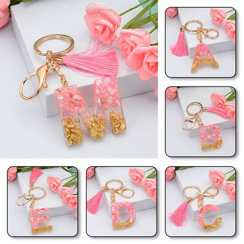 Seni Resin, Keychain Resin, Letter Keychain, Resin Crafts Tutorial, Tassel Keyring, Pink Letter, Keychain Design, Diy Resin Crafts, Handbag Charms