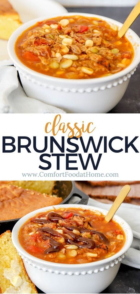 If you ask any Southerner about their favorite comfort foods, chances are Brunswick stew is in the top five. Make bowls full of this soul-warming goodness yourself with my family's Brunswick stew recipe. Brunswick Stew Crockpot, Crockpot Brunswick Stew Recipe, Crockpot Brunswick Stew, Brunswick Stew Recipe Georgia, Chicken Brunswick Stew Recipe, Best Brunswick Stew Recipe, Brunswick Stew Recipe, Stew Recipes Crockpot, Football Foods