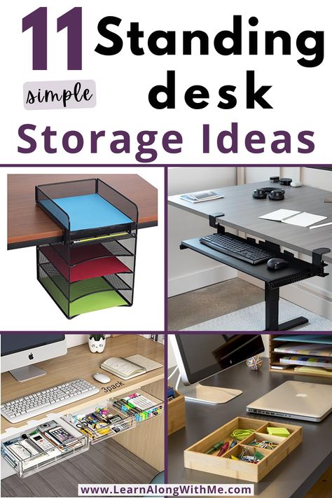 Organize Standing Desk, Office With Stand Up Desk, Stand Up Desk Decor, Stand Up Desk Organization, Standing Desk Inspiration, Work From Home Standing Desk Setup, Office Desk Storage Ideas, Tiny Desk Organization, Stand Up Desk Home Office Layout