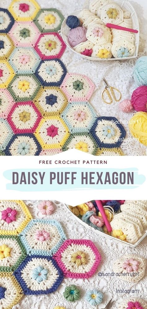 Crochet Hexagon Knitting Hexagons Pattern, Daisy Hexagon Crochet, Hexagon Granny Square Pattern, Crochet Hexagon Pattern, Hexagon Crochet Pattern, Crochet Craft Fair, Hexagon Crochet, Tatting Ideas, Textile Craft