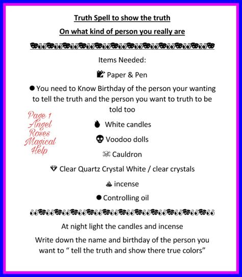 Truth spell page 1 Tell The Truth Spell, Witch Spells Real, Truth Spells, Potion Book, Banishing Spells, Spell Witchcraft, Truth Spell, Ancient Talisman, Hoodoo Magic