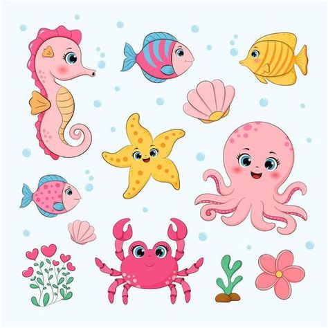 Cartoon Sea Animals, Baby Animal Drawings, Ocean Collection, Kids Fishing, Ocean Crafts, Pola Sulam, Cute Easy Drawings, Marine Animals, Animal Clipart