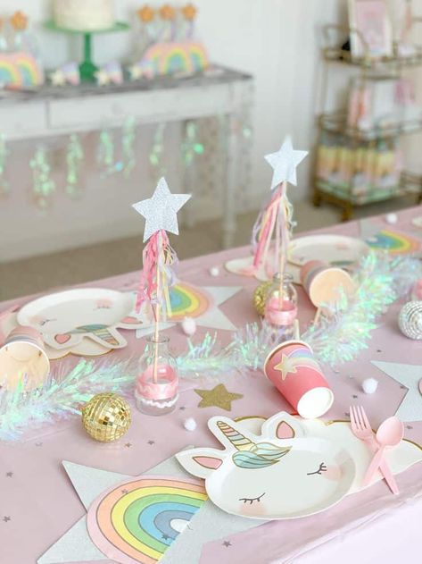 26 Magical Unicorn Birthday Party Ideas - Lady Celebrations Unicorn 3rd Birthday Party Activities, Fourever Magical Birthday Party, Unicorn Birthday Party One Year Old, Unicorn Three Year Old Party, Fourever Magical Unicorn Birthday, Unicorn 5th Birthday Party Ideas, Unicorn Birthday Centerpieces, Unicorn Princess Birthday Party, Girls Unicorn Birthday Party