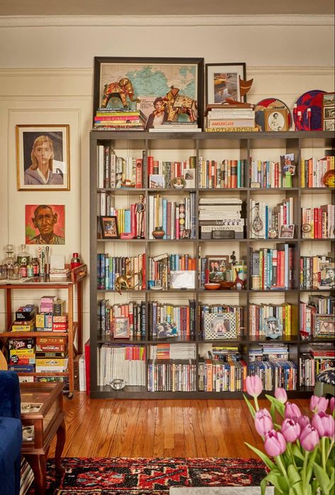 Bookcase With Lots Of Books, Maxamilist Library, Mixed Bookshelves, Mismatch Bookshelves, Book Display Ideas Home Living Room, Bookshelves Maximalist, Mix Match Bookshelves, Bookshelf Styling With Lots Of Books, Eclectic Home Library