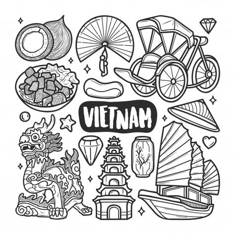 Vietnam icons hand drawn doodle coloring | Free Vector #Freepik #freevector #travel #icon #hand #line Vietnam Drawing, Icons Hand Drawn, Vietnam Map, Travel Doodles, Vietnam Art, Infographic Poster, Travel Icon, Doodle Coloring, Bullet Journal Doodles