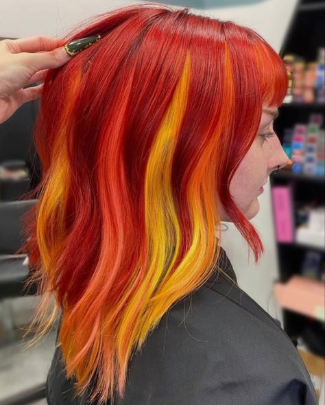 Fire Hair Color Ideas, Red Orange Yellow Hair, Red Yellow Hair, Red And Yellow Hair, Orange And Yellow Hair, Red And Orange Hair, Flame Hair, Yellow Hair Color, Amber Hair