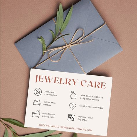 Jewellery Thank You Card, Handmade Jewelry Branding, Jewelry Care Instructions Card, Jewelry Care Card Template, Jewellery Packing Ideas For Business, Jewelry Packaging Ideas Branding, Jewelry Care Tips Card, Bracelet Packaging Ideas, Jewelry Card Design