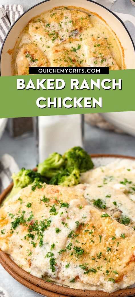 Two graphics depicting baked ranch chicken with broccoli. Baked Creamy Ranch Chicken, Creamy Ranch Chicken Oven, Chicken Ranch Bake, Chicken And Ranch Recipes, Chicken With Ranch Packet, Ranch Chicken Breast Recipes, Chicken Recipes Ranch Packet, Ranch Chicken Baked, Oven Baked Ranch Chicken