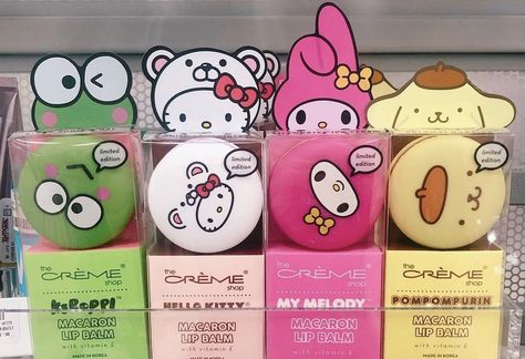 Sanrio Things To Buy, Sanrio Makeup, The Crème Shop X Hello Kitty, Sanrio Lip Balm, Sanrio Creme Shop, Sanrio Makeup Products, Hello Kitty Creme Shop, Sanrio Skincare Products, Sanrio Beauty Products