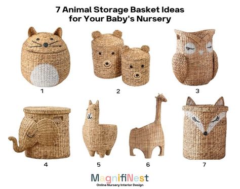 Keep clutter at bay in a stylish way with animal-themed storage baskets. These will add a whimsical touch to your little one's room and keep things organized too! 1. Wind & Weather - Woven Cat Shaped Storage Basket - Wayfair 2. Loon Peak - 2 Piece Wicker Basket Set - Wayfair 3. Owl Storage Basket - West Elm 4. Elephant Basket - Natural - West Elm 5. Sarah Sherman Samuel Llama Basket - West Elm 6. Giraffe Shaped Wicker Basket - Pottery Barn Kids 7. Shaped Fox Storage - Pottery Barn Kids Animal Basket, Baby Boy Safari Nursery Baskets, Fox Basket, Wall Basket Stuffed Animals, Kids Animal Basket, Woodland Nursery Laundry Basket, Bear Nursery Baskets, Giraffe Basket, Animal Wicker Baskets