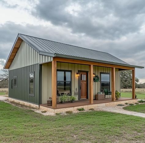 20x30 Barndominium, Modern Trailer Home, Tiny Barndominium Ideas, Green Barndominium Exterior, Mini Barn House, Cheap Barndominium Ideas, Simple Pole Barn Homes, Mini Barndominium, Simple Barndominium Ideas