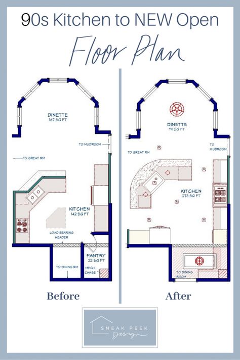 A sneak peek of our transformation from this 90s kitchen to its new open floor plan. 1990s Kitchen, 90s Kitchen, Curved Kitchen Island, 90s House, Open Concept Kitchen Living Room, Kitchen Floor Plan, Living Room Floor Plans, 90s Home, Renovation Tips