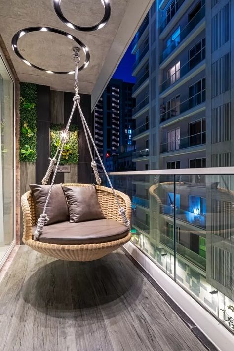 modern-setting-36-jpg.webp (640×960) Modern Balcony Design Luxury, Balcony Swing Ideas, Balcony Sitting Area, Swing In Living Room, Modern Balcony Design, Whimsical Living Room, Balcony Ceiling, Sitting Area Design, Balcony Swing