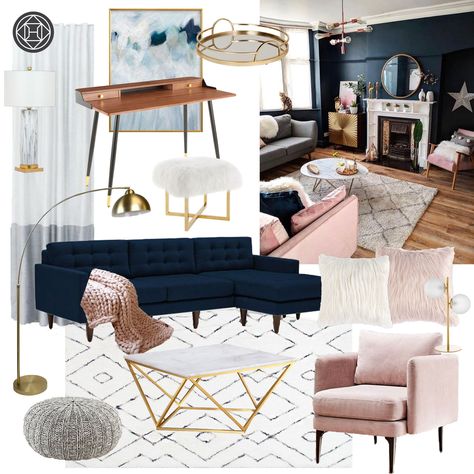 Feminine Navy Blue Living Room, Pink White Blue Gold Living Room, Navy Tan Pink Living Room, Blue Pink And Gold Living Room, Feminine Eclectic Living Room, Pink And Blue Living Room Ideas, Navy And Pink Living Room, Pink And Blue Living Room, Blue And Pink Living Room