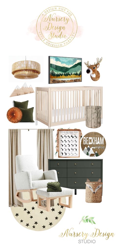 WILDERNESS NURSERY INSPIRATION Olive Green Nursery, Wilderness Nursery, Camping Nursery, Nursery Design Board, Baby Blue Nursery, Shared Nursery, Blush Nursery, Nursery Designs, Design Inspired By Nature