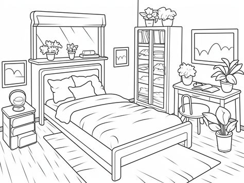 illustration of Whimsical bedroom picture for coloring Dream Bedroom Drawing, Bedroom Coloring Pages, Interior Coloring Pages, Picture For Coloring, Bedroom Sketch, Bedroom Cartoon, Printable Coloring Pages For Adults, Cozy Bedroom Colors, Blank Coloring Pages