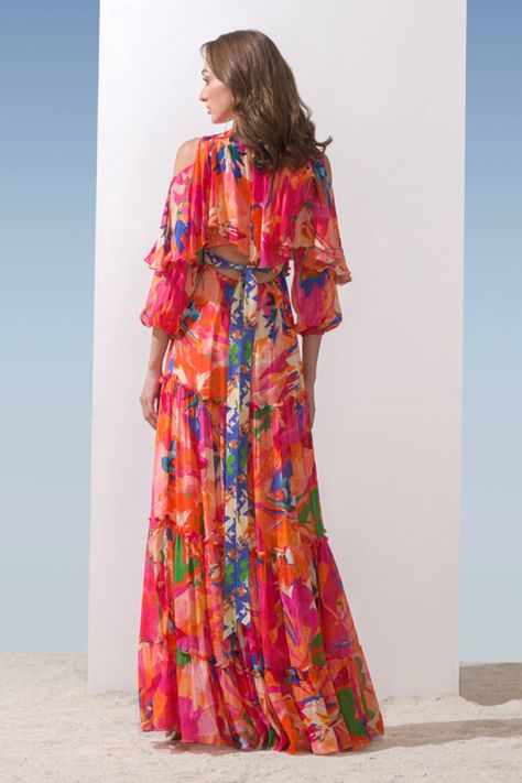 Buy Pink Chiffon Printed Abstract Pattern Plunge V Neck Tiered Gown For Women by Mandira Wirk Online at Aza Fashions. Mandira Wirk, Tiered Gown, Dresses Casual Boho, Gown For Women, Gown Pattern, Printed Gowns, Fashion Gowns, Pink Chiffon, Ladies Gown