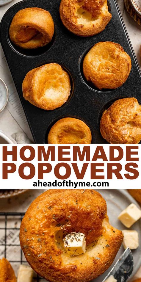 Popovers Pop Overs In Muffin Tin Popover Recipe, Pop Overs Recipe Muffin Tin, Popovers Recipes Easy, Pop Over Pan, Gruyere Popovers, Easy Popover Recipe, Perfect Popovers, Popovers Recipes, Pop Over