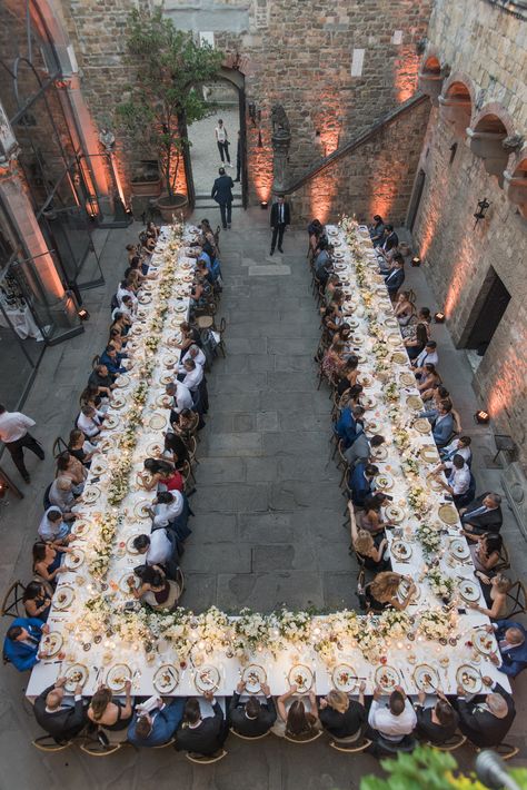 Long Table Reception, Italian Castle Wedding, Reception Table Layout, Wedding Reception Tables Layout, Family Style Weddings, Wedding Table Layouts, Wedding Table Setup, Italian Castle, Long Table Wedding