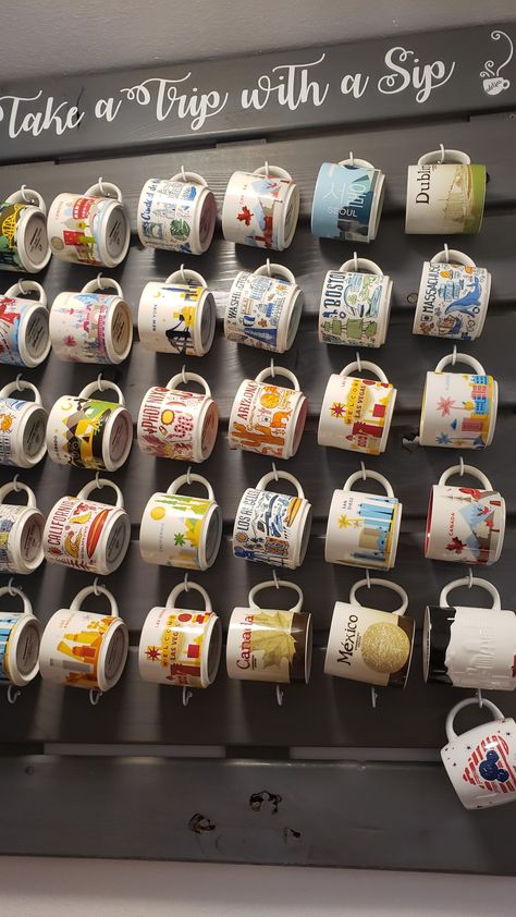 Starbucks Mug Display Ideas, Coffee Cup Collection Display, Been There Mugs Display, Displaying Starbucks Mugs, Mug Collection Display, Starbucks You Are Here Mugs Display, Starbucks Mugs Collection Display, Coffee Mug Display Coffee & Tea Cups, Dirty Kitchen Design