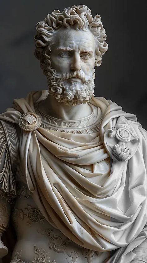 Full Color Image in ai-img-gen.com 🔸 marco aurelio sculture midjourne--8K resolution, (((Masterpiece Colors))), (((Insane Overall Quality... 🔸 From Midjourney AI Image Beard And Curly Hair, Lil B Tattoo, Stoic Expression, Realism Sculpture, Ornate Armor, Angel Sculpture Art, Biology Diagrams, Thick Beard, Marble Bust