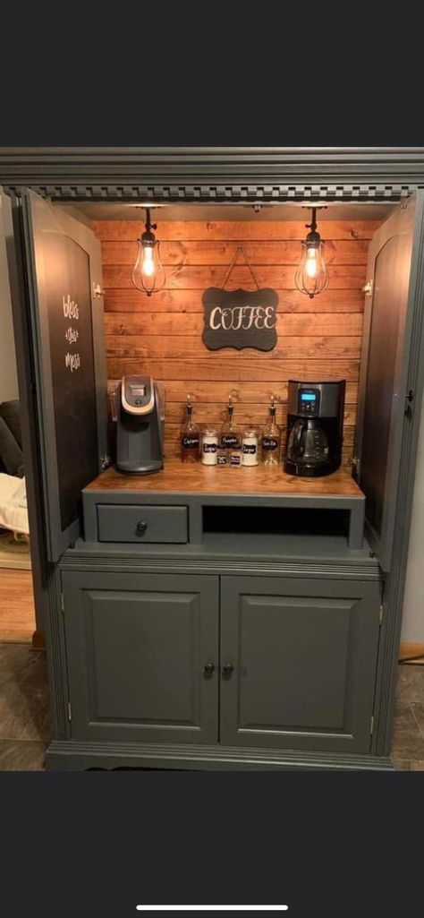 Armoir Coffee Station, Coffee Hutch, Armoire Makeover, Coin Café, Coffee Bar Design, China Hutch, Coffee Bar Home, Furniture Rehab, Furniture Redo