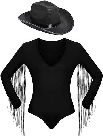 Hats Cowgirl, Fringe Bodysuit, Cowgirl Outfits For Women, Low Cut Bodysuit, Black Fringe Top, Disco Jumpsuit, Black Cowboy Hat, Bodysuit Tops, Fringe Top