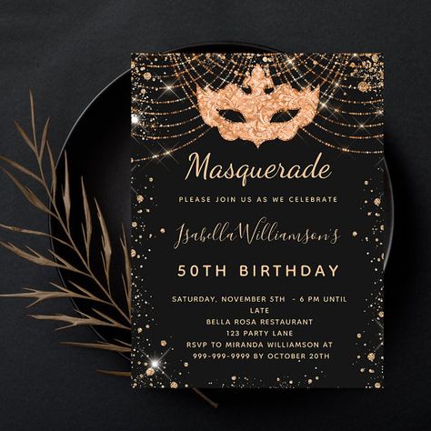 Budget masquerade black gold glitter dust birthday 50th Birthday Party For Women, Mardi Gras Birthday, Masquerade Party Invitations, Glitter Birthday Parties, 80th Birthday Invitations, 21st Birthday Invitations, 50th Birthday Invitations, Gold Birthday Party, Luxury Invitation