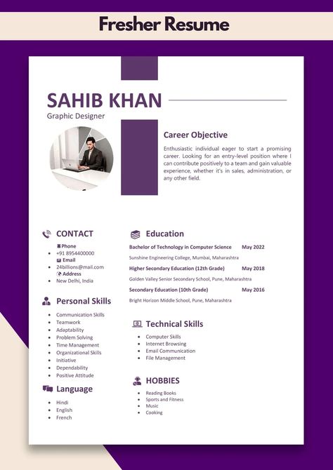 Resume Format for It Freshers | Sample Resume for Be Fresher Fresher Resume, Best Cv Template, Gamis Simple, Senior Secondary School, Cv Format, Model Gamis, Engineering Colleges, Resume Format, Resume Template Word