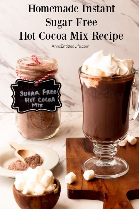 A jar of sugar free instant hot cocoa mix is in the upper left, a mug is made in the lower right. In the lower left is a bowl of marshmallows Sugar Free Hot Cocoa Mix Recipe Dry, Sugar Free Cocoa Mix Recipe, Sugar Free Hot Cocoa Mix Recipe, Hot Chocolate Mix Recipes Dry, Sugar Free Hot Cocoa, Cocoa Mix Recipe, Sugar Free Hot Chocolate, Keto Beverages, Golo Recipes