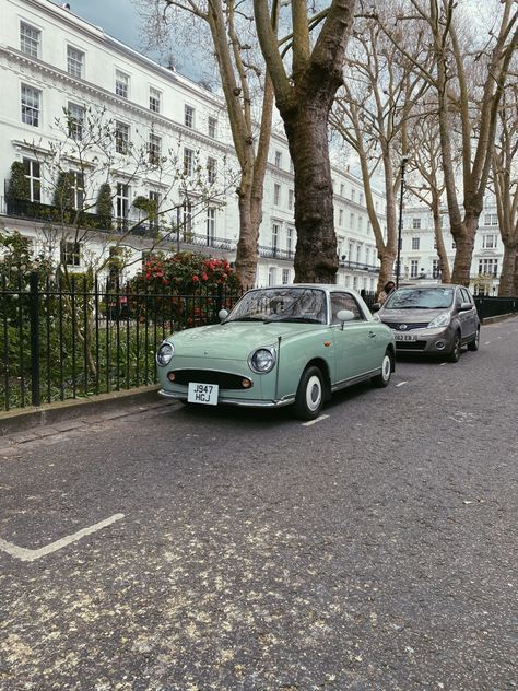 Small Cars Aesthetic, Sage Green Car Aesthetic, Green Cars Aesthetic, Nissan Figaro Aesthetic, Sage Green Fiat 500, Dark Green Cars Aesthetic, Figaro Car, Green Vintage Car Aesthetic, Nissan Figaro