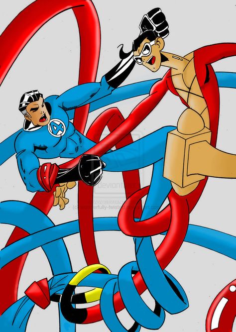 I'm pretty sure Rule 34 will be invoked for this, somewhere.... Elongated Man, Mr Fantastic, Dc Comics Vs Marvel, Marvel And Dc Crossover, Mister Fantastic, Arte Nerd, Plastic Man, Marvel Vs Dc, Marvel Comics Art