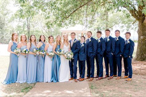 Bridal Party Shades Of Blue, Dusty Blue And Tan Wedding Party, Blue And Tan Wedding Party, Blue And Tan Bridal Party, Light Blue And Grey Bridal Party, Blue Purple Wedding, Bridal Party Groomsmen, Dj Wedding, Bridal Party Attire