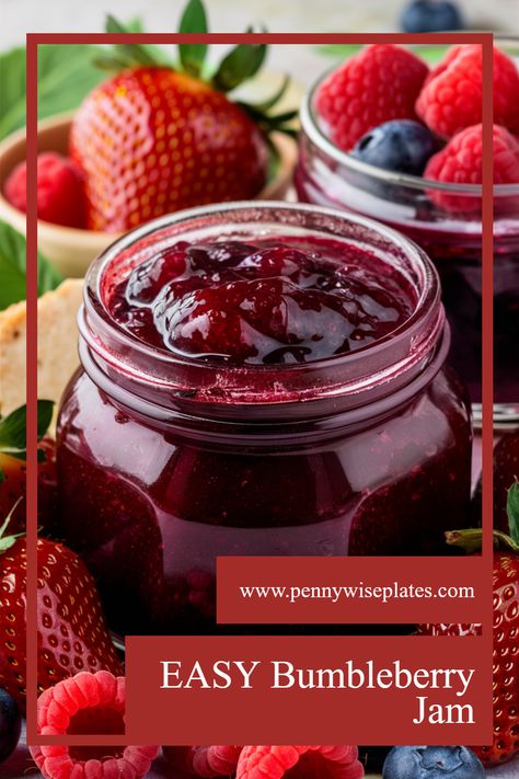 A jar of bumbleberry jam alongside fresh berries used to make the jam, with overlay text that reads "easy bumbleberry jam," highlighting a delicious homemade jam and mixed berry jam recipe. Bumbleberry Jam, Mixed Fruit Jam Recipe, Canning Preserves, Fruit Jelly Recipe, Berry Jam Recipe, Sour Cherry Jam, Fruit Jam Recipes, Mix Berry, Jam Canning