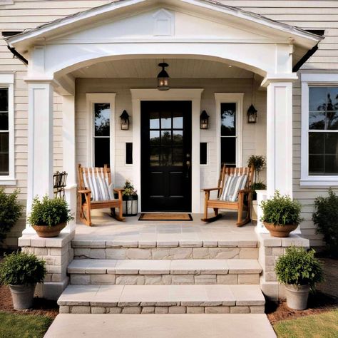 40 Modern Farmhouse Exterior Ideas You Can Copy White Farmhouse Front Porch, Front Porch Modern Farmhouse, Front Entryway Ideas Exterior, Modern Farmhouse Front Porch, Farmhouse Exterior Ideas, House Brick, Brick Porch, Farmhouse Front Porch, Brick Steps